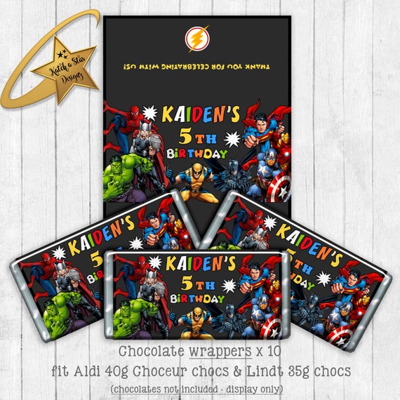 Superheroes batman superman thor hulk captain america spiderman wolverine birthday personalised party chocolate wrappers x 10 (or digital) Il_570xn