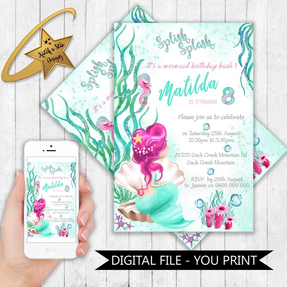 Mermaid girl under the sea splish splash birthday party personalised digital invitation - you print Il_570xn