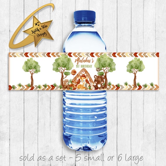 Woodland boho tribal animals, fox, owl, deer, squirrel, bear birthday party, baby shower personalised party water bottle labels x 5 Il_570xn