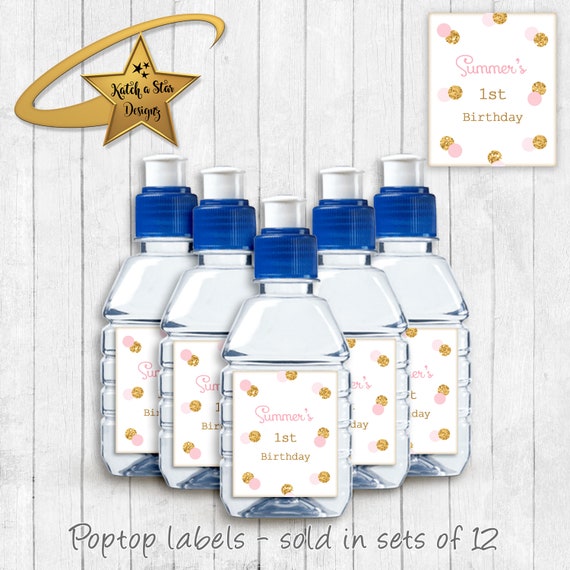 Pink & gold polka dots christening baptism personalised birthday party gloss pop top label stickers x 12 printed (or digital) Il_570xn