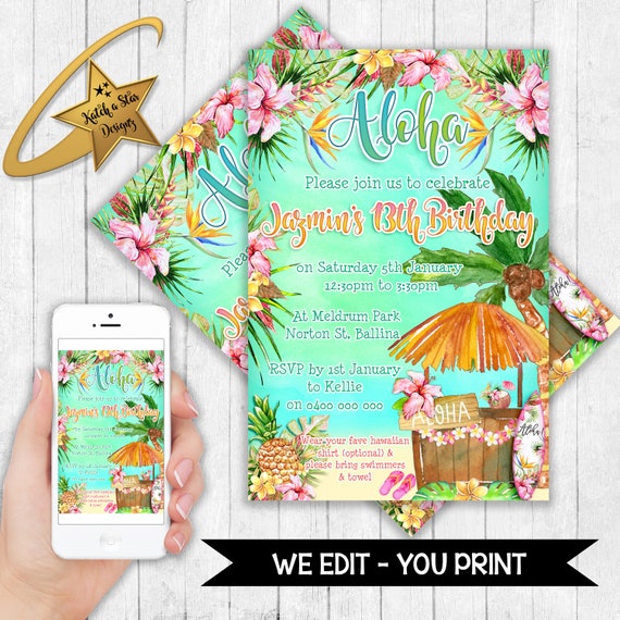 Hawaiian tropical aloha beach pool party personalised birthday invitations - DIGITAL ONLY Il_570xn