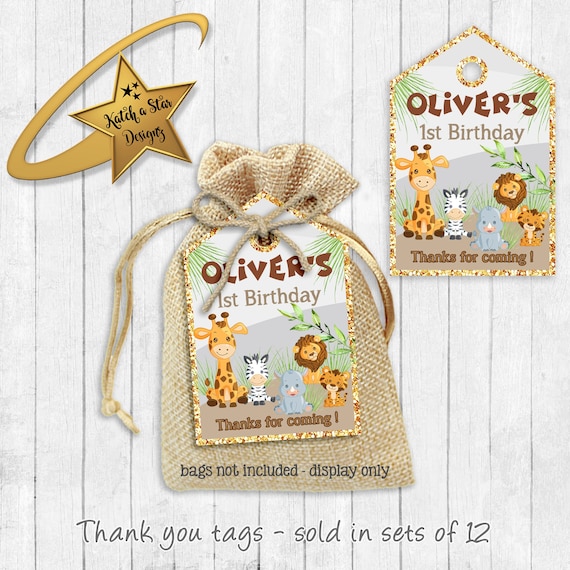 Safari / jungle animals 1st (any) birthday personalised birthday party thank you tags x 12 (or digital) Il_570xn