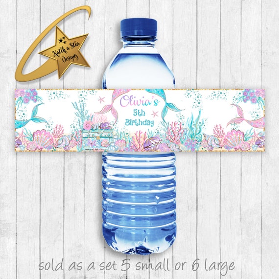 Mermaid / mermaids tail / treasure chest / under the sea personalised birthday party water bottle labels x 5 (or digital) Il_570xn