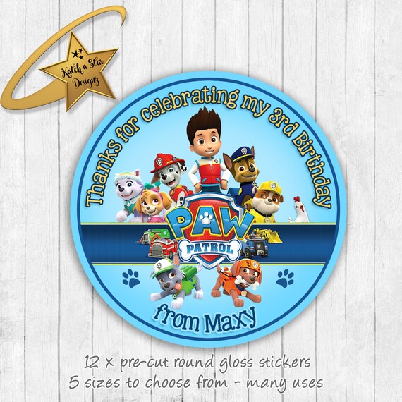 Paw patrol gang personalised round gloss birthday party stickers x 12 Il_570xn