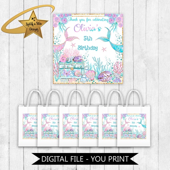 Mermaid / mermaids tail / treasure chest / under the sea birthday party personalised digital square stickers/tags - you print Il_570xn
