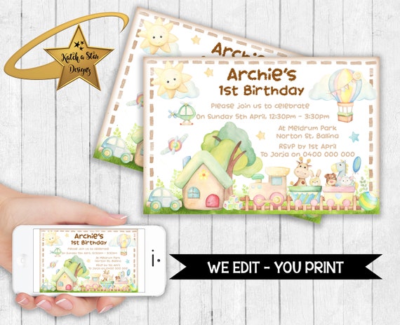 Toy train animals 1st Birthday personalised birthday party invitations - DIGITAL ONLY Il_570xn