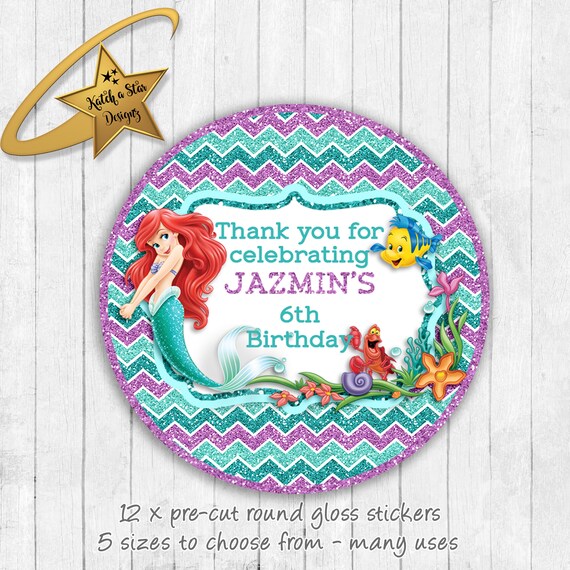 Ariel mermaid party birthday personalised round gloss birthday party stickers x 12 Il_570xn