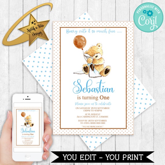 Teddy bear boys 1st birthday party Editable & Printable Invitation Template download DIY Il_570xn