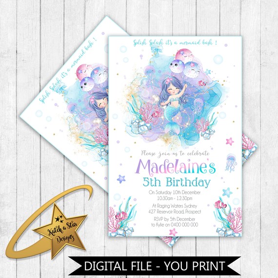 Cute mermaid / under the sea birthday party personalised party invitations - DIGITAL ONLY Il_570xn