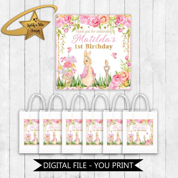 Peter Rabbit girls 1st (any) birthday party personalised digital square stickers/tags - you print Il_570xn