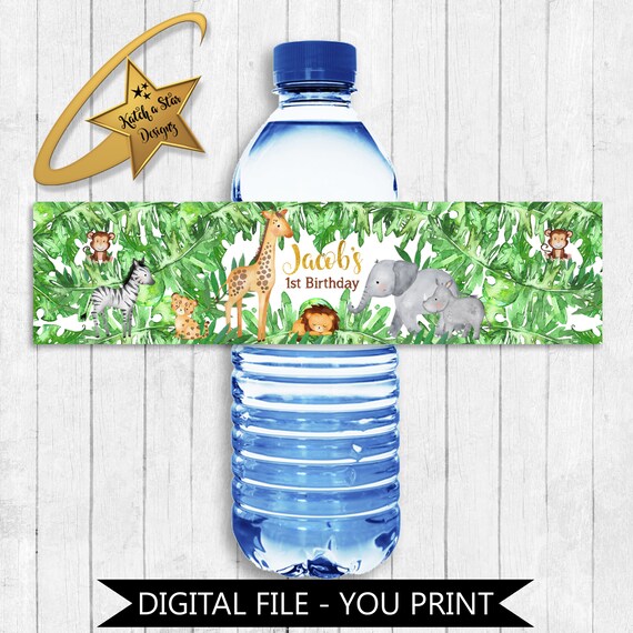 Jungle safari animals birthday party personalised digital water bottle labels - you print Il_570xn
