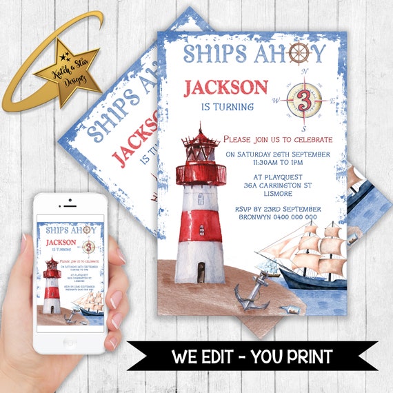 Nautical, boat, yacht, sailing, ocean, lighthouse, birthday party personalised digital invitation - you print Il_570xn