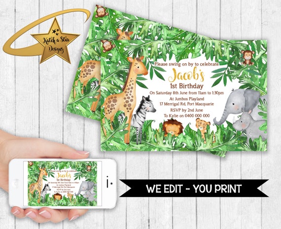 Jungle safari animals birthday party personalised digital invitation - you print Il_570xn