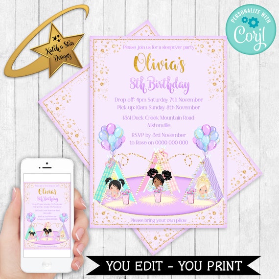 Glamping tent sleepover mxd birthday party Editable & Printable birthday party Invitation Template download DIY Il_570xn