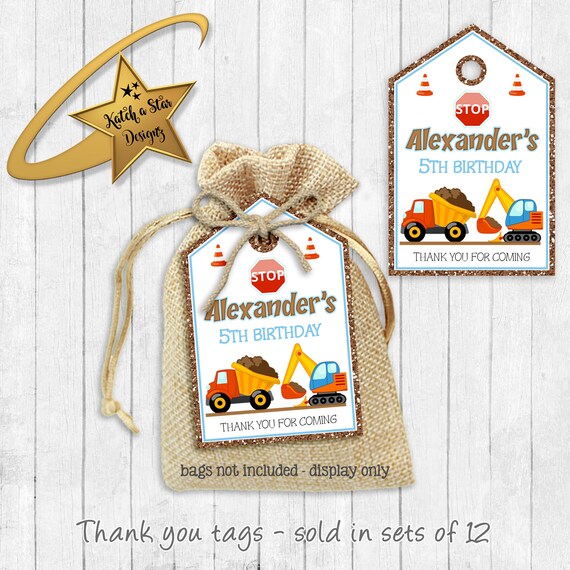 Construction truck digger excavator boys birthday personalised birthday party thank you tags x 12 (or digital) Il_570xn