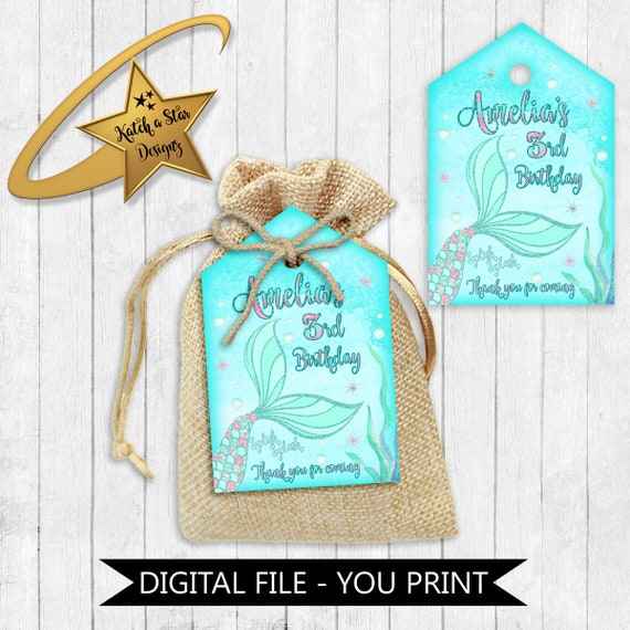 Mermaid tail under the sea splish splash birthday party personalised digital thank you tags - you print Il_570xn