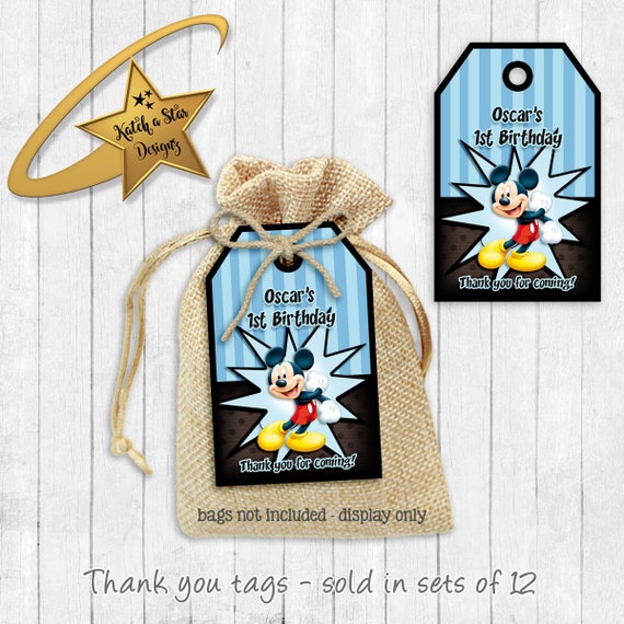 Mickey Mouse blue personalised birthday party thank you tags x 12 (or digital) Il_570xn