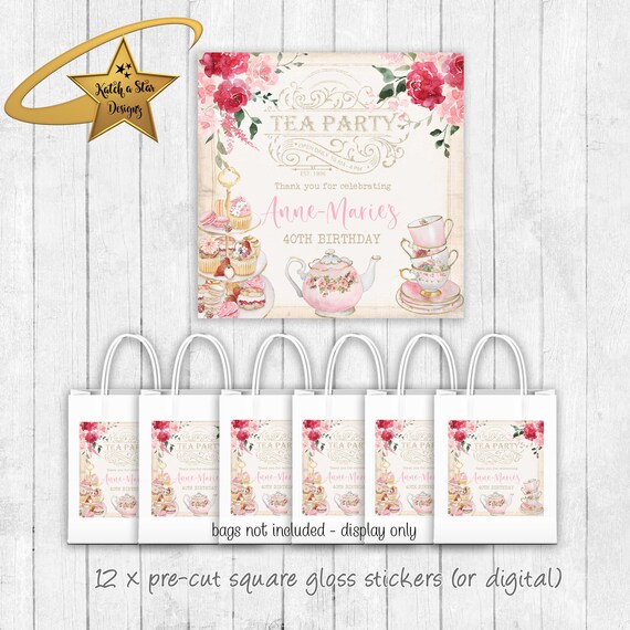 High tea / vintage tea party / birthday party / hens party / personalised square gloss stickers x 12 (or digital) Il_570xn