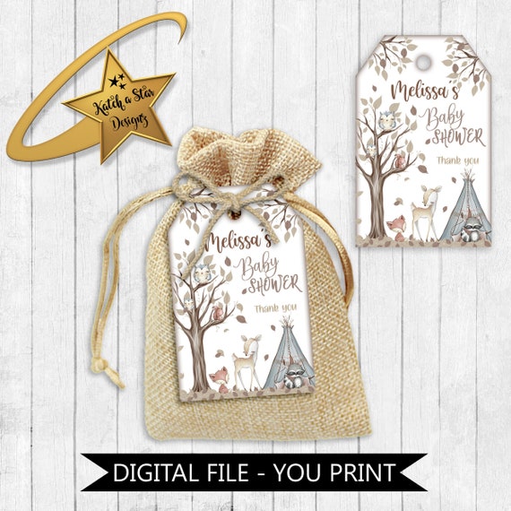 Woodland forest animals, fox, owl, deer, squirrel baby shower party personalised digital thank you tags - you print Il_570xn