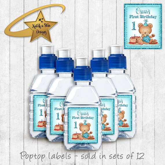 Teddy bear boys 1st birthday party personalised gloss pop top drink label stickers x 12 (or digital) Il_570xn