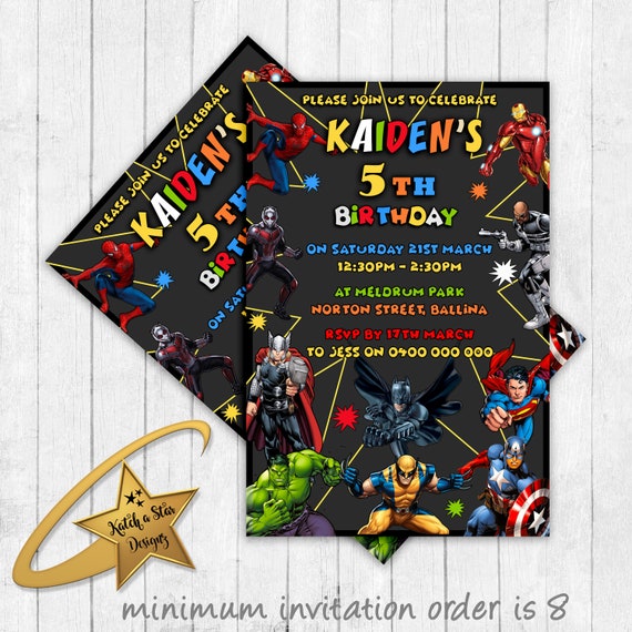 Superhero batman superman thor hulk captain america spiderman wolverine birthday party personalised invitations Il_570xn
