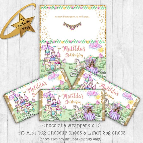 Fairytale princess castle, carriage, horse birthday dk party personalised chocolate wrappers x 10 Il_570xn