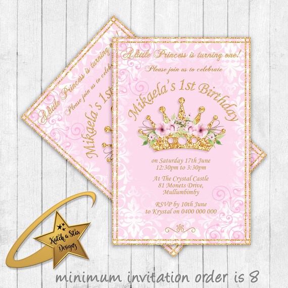 Princess Crown gold floral 1st birthday (or any age) personalised party invitations Il_570xn