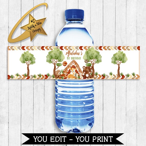 Woodland boho tribal animals, fox, owl, deer, squirrel, bear birthday party, personalised digital water bottle labels - you print Il_570xn
