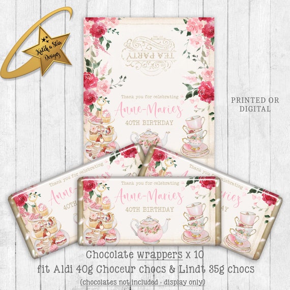 High tea / vintage tea party / birthday party / hens party / personalised party chocolate wrappers x 10 (or digital) Il_570xn