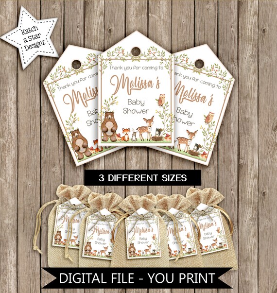 Woodland animals, fox, bear, deer, owl, squirrel baby shower birthday party boys personalised digital thank you tags - you print Il_570xn