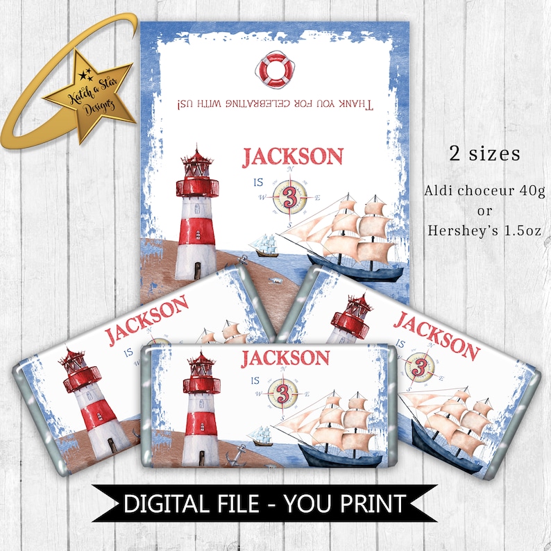 yacht boat sailing lighthouse Nautical you print birthday party personalised digital chocolate wrappers ocean
