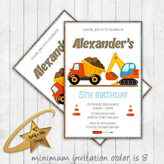 Construction truck digger excavator boys personalised birthday party invitations Il_570xn