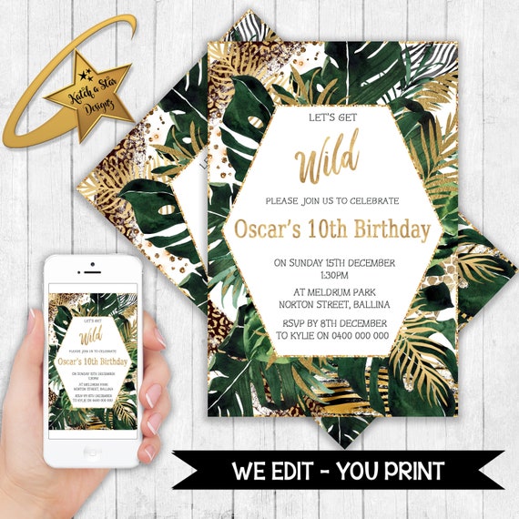 Let's get wild jungle animals birthday party personalised digital invitation - you print Il_570xn