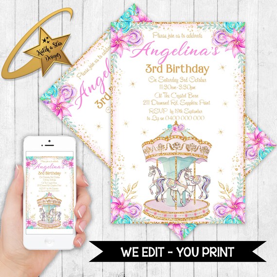 Carousel ponies horses birthday party personalised digital invitation - you print Il_570xn
