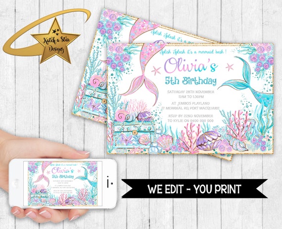 Mermaid / mermaids tail / treasure chest / under the sea birthday party personalised digital invitation - you print Il_570xn