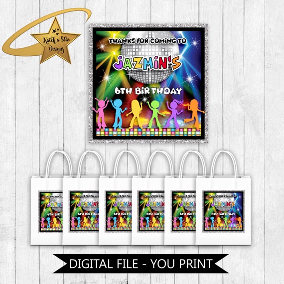 Disco / dance birthday party personalised digital square stickers/tags - you print Il_570xn