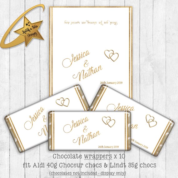 Wedding / engagement gold on white personalised chocolate wrappers x 10 (or digital) Il_570xn