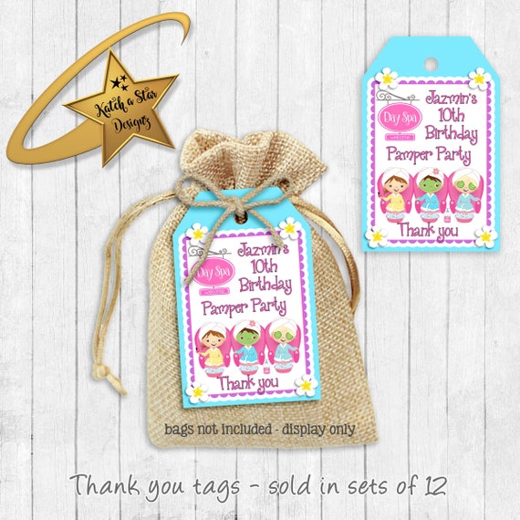 Pamper day spa party birthday personalised birthday party thank you tags x 12 (or digital) Il_570xn