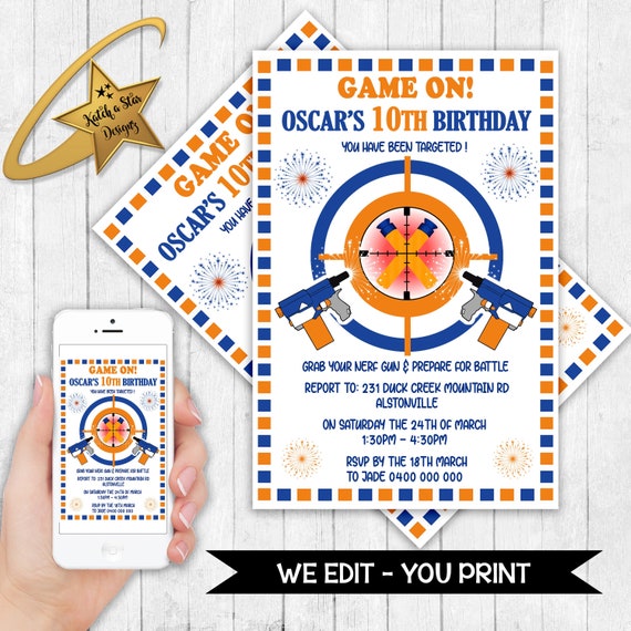 Nerf Gun wars laser Game on! birthday party personalised digital invitation - you print Il_570xn