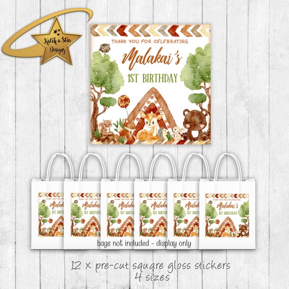 Woodland boho tribal animals, fox, owl, deer, squirrel, bear birthday party, baby shower personalised square gloss stickers x 12 Il_570xn