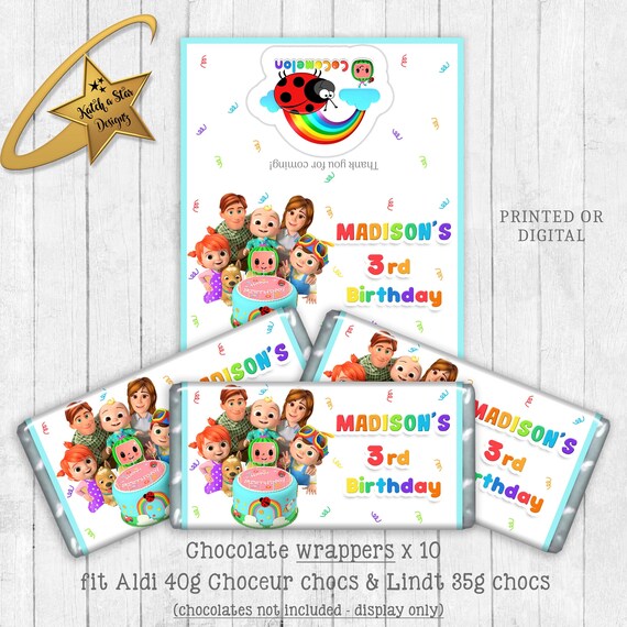Cocomelon personalised birthday party chocolate wrappers x 10 (or digital) Il_570xn