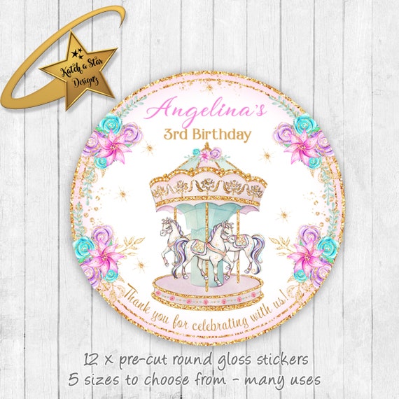 Carousel ponies horses birthday personalised round gloss birthday party stickers x 12 Il_570xn