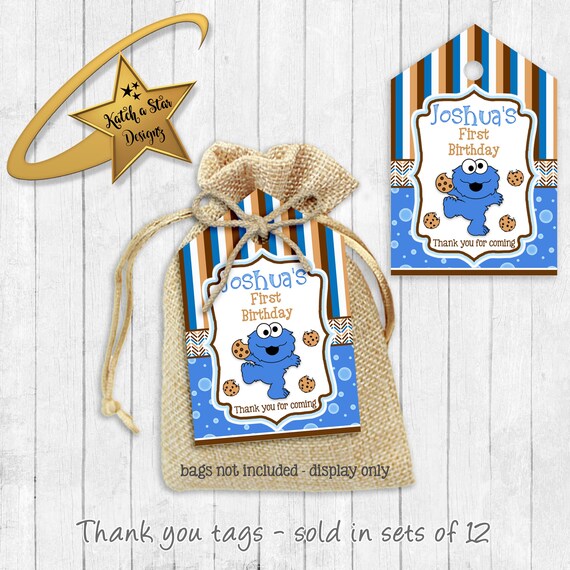 Cookie Monster Sesame street personalised birthday party thank you tags x 12 (or digital) Il_570xn