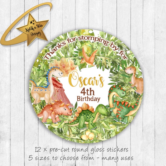 Dinosaur jungle personalised round gloss birthday party stickers x 12 Il_570xn