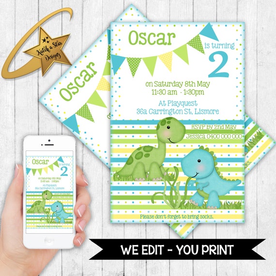 Baby Dinosaurs 2nd (any) birthday party personalised digital invitation - you print Il_570xn