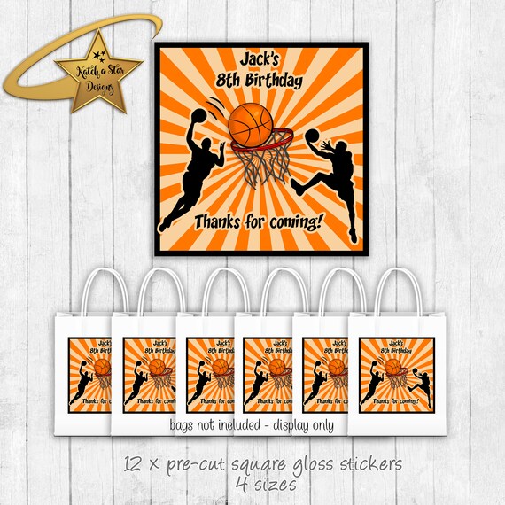 Basketball birthday party personalised square gloss stickers x 12 Il_570xn