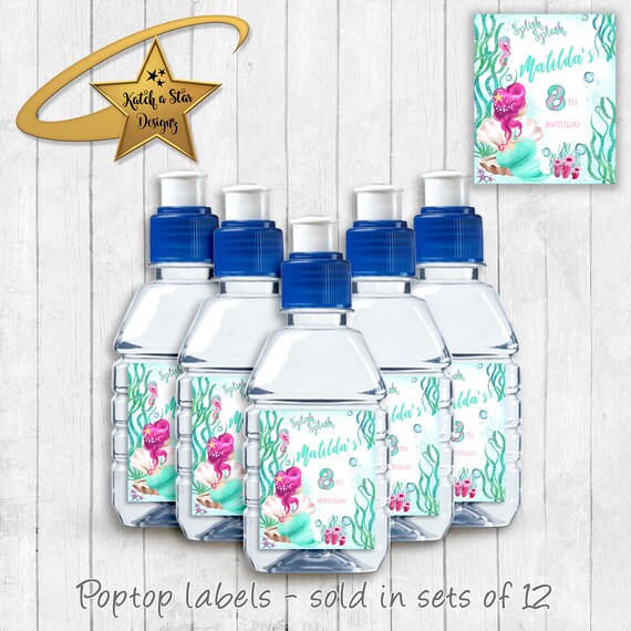 Mermaid girl under the sea splish splash personalised birthday party gloss pop top drink label stickers x 12 (or digital) Il_570xn