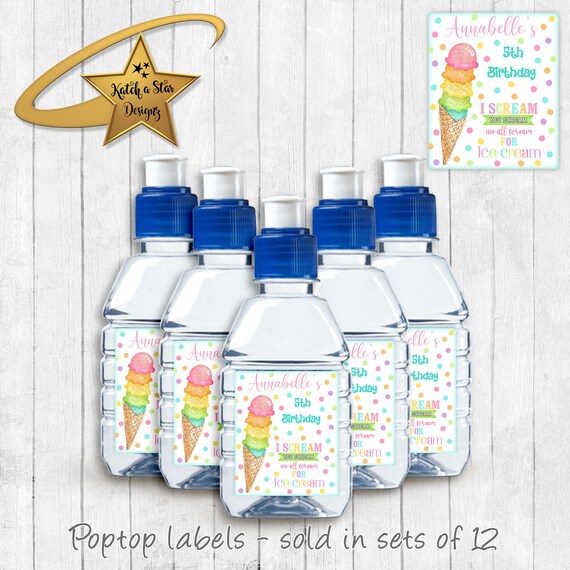 Ice cream watercolor birthday party personalised gloss pop top drink label stickers x 12 Il_570xn