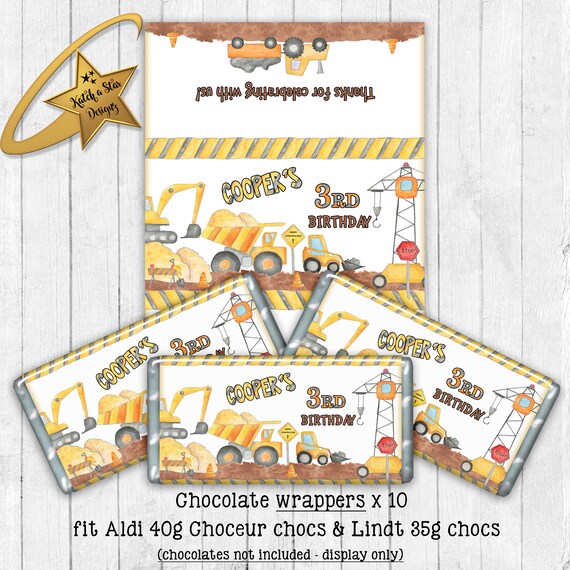Construction party digger excavator personalised birthday party chocolate wrappers x 10 (or digital) Il_570xn