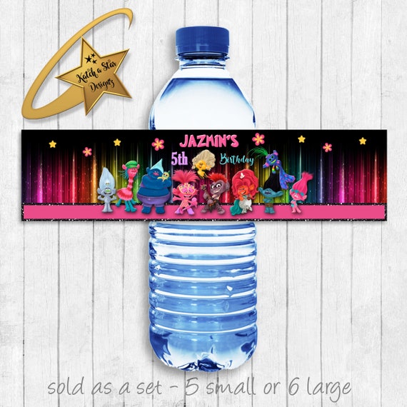 Trolls 2 personalised birthday party water bottle labels x 5 (or digital)  by Katch a Star Designz